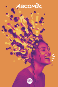 affiche festival humour arcomik colorée orange femme rigole