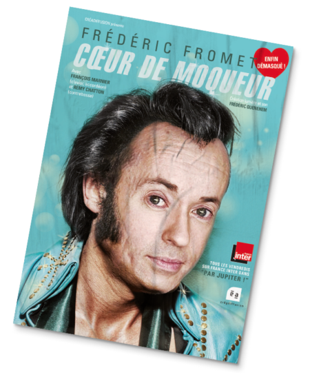 frederic fromet affiche spectacle au festivall d'humour Arcomik tete de l'humoristte en rocker pour son spectacle coeur de moqueur