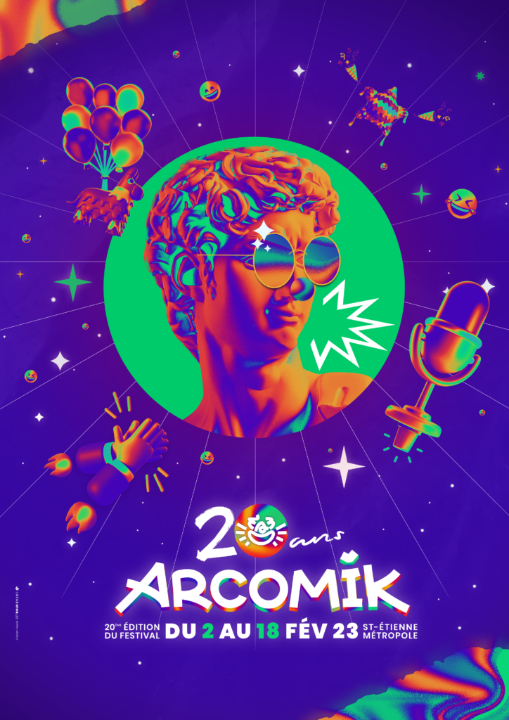 Affiche festival humour - arcomik getbold tete de david de michel ange sur fond violet par Gaël Barnabé